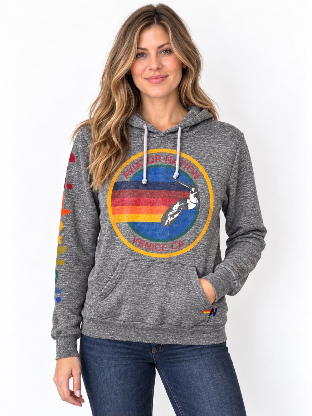 Aviator Nation Gray Crewneck Hoodie with Rainbow Graphic PTP 19